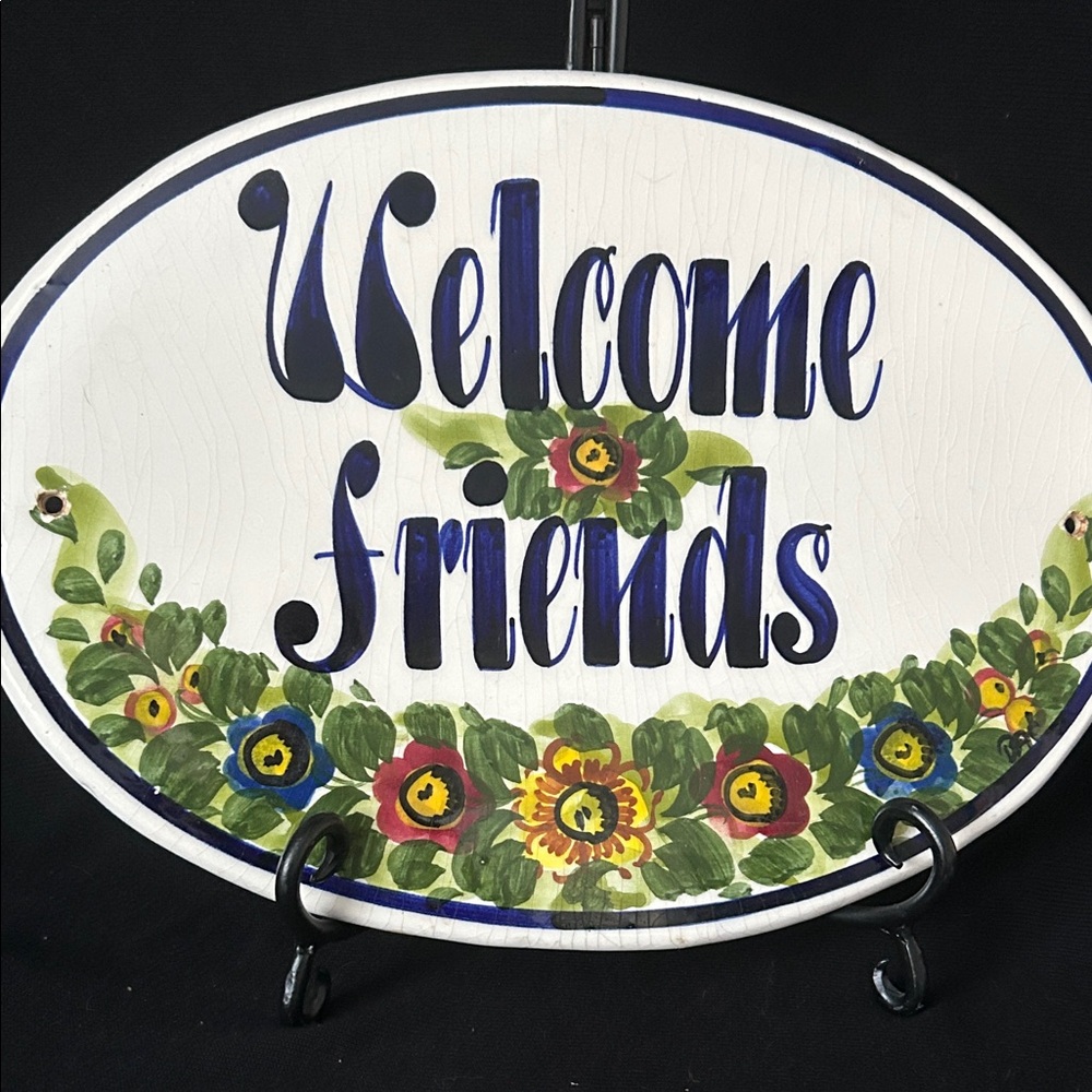 Hand Painted Talavera Floral Welcome Friends Wall Art - Blue and Green Sign